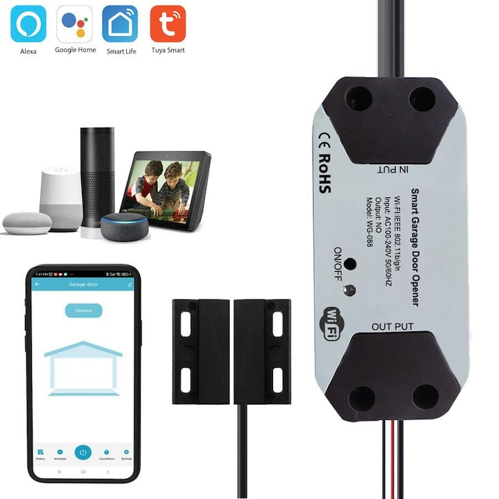 Controler usa de garaj smart ZOUN WG-088 Wi-Fi 2.4GHz compatibil Tuya/Smart Life Alexa/Google Assistant control prin aplicatie si voce Plug-and-play fara refacere cablaj functioneaza cu intrerupatoare NO/NC V0 ABS