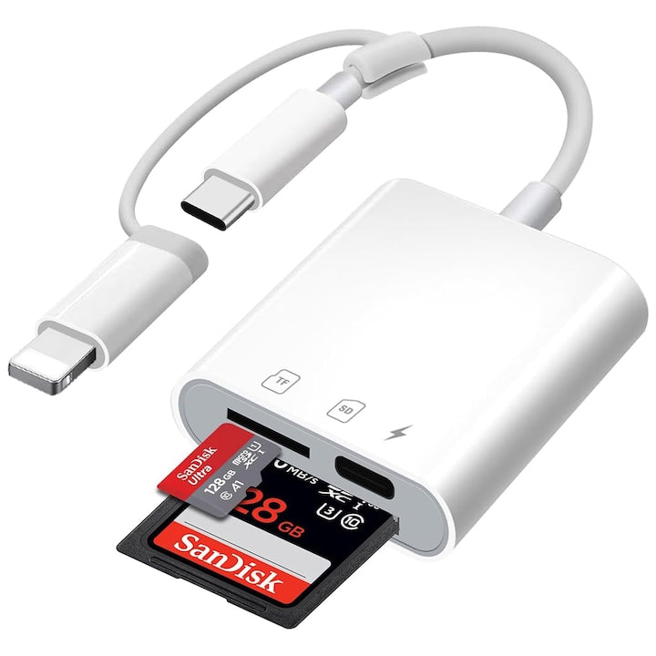 Cititor de carduri SD/TF USB 3.0 cu interfata duala Lightning si USB-C port de incarcare USB-C 30W pana la 256 GB pentru iPhone iPad MacBook Android OUYLAF Alb