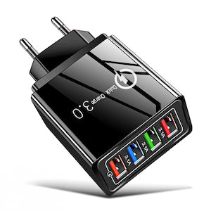 Timebox Mains Charger, 4 USB Ports, Fast Charge 20W, 1 x QC 3.0, 3 x USB, Universal Phone Charger, Compatible with iPhone, Samsung, Huawei, Android, Portable, Black