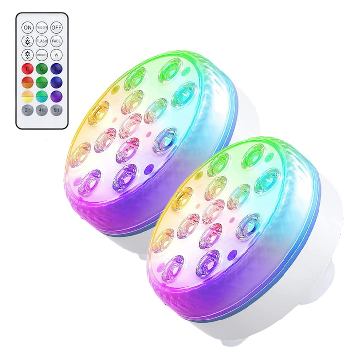 Set of 2 LED Submersible Pool Lights, IP68 Waterproof, 13 LED Bulbs, 16 Colors, With 1 Remote Control, 3 Lighting Modes, 7cm Diameter, For Pool, Jacuzzi, Aquarium, ABS, Transparent