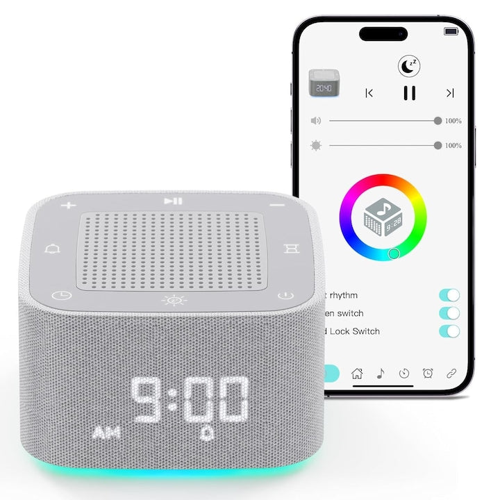 Aparat cu zgomot alb 32 sunete linistitoare 8 lumini de noapte reglabile baterie 800mAh USB-C control prin aplicatie timer pentru copii si adulti OUYLAF Gri