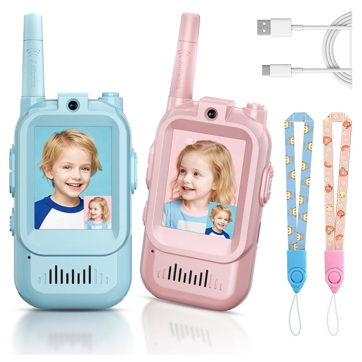 Set 2 walkie talkie video pentru copii functie video ecran 2.0 inch baterie reincarcabila 3 efecte interactive de voce raza pana la 500 m in spatii deschise OUYLAF Roz/Albastru