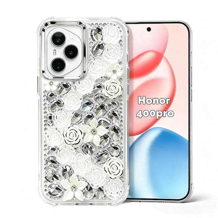 Husa pentru Honor 400 Pro cu Flori si Strasuri Eleganta Anti-zgarieturi Transparent