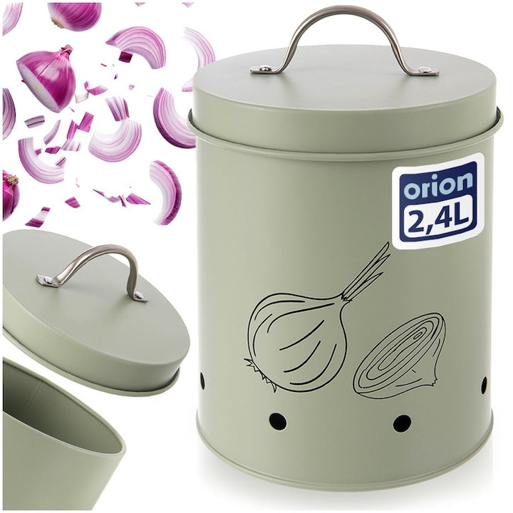 Recipient Depozitare Legume Cu Capac Si Orificii Aerisire Orion Greenish 2.4 L 14x20.5 cm Metal Rezistent Verde Pastel Argintiu Ideal Pentru Pastrare Ceapa Si Usturoi Protectie Lumina Anti-Germinare Cutie Alimente Organizator Bucatarie