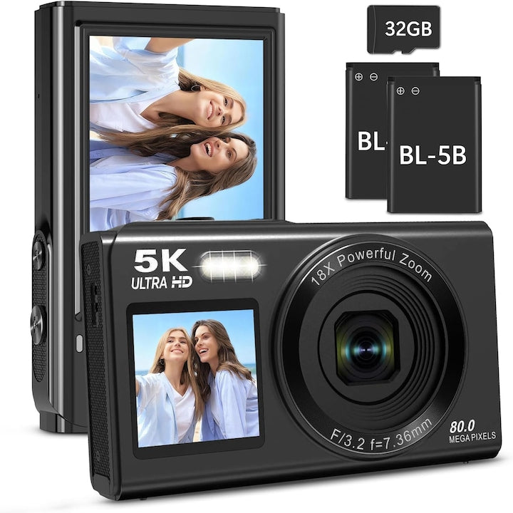 5K Ultra HD 80MP Digital Camera, 18x Digital Zoom, with 32GB Card, Compact and Lightweight, with 2 Batteries, for Selfies, Vlogging, and Travel, OUYLAF, Black