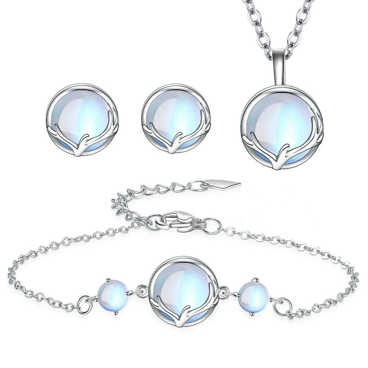 EETOHO - Necklace Bracelet Earrings Set with you all the way Natural Moonlight Stone S925 Silver 3pcs