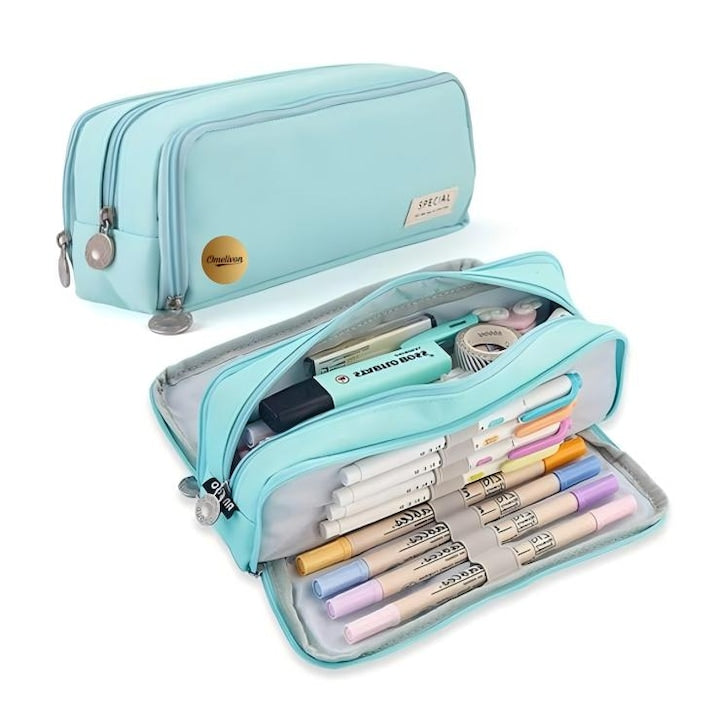 Large pencil case with 3 compartments, blue, 21x8.5x5 cm, multi-functional, for pencils and accessories