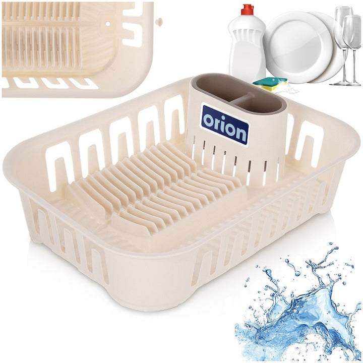 Uscator Pentru Vase Cu Tava Si Sistem De Scurgere Orion 39x29x11 cm Crem Si Maro Plastic Rezistent Capacitate Pentru 13 Farfurii Suport Detasabil Tacamuri Dop Evacuare Apa Picioare Antiderapante Din Silicon Pentru Stabilitate Pe Blat