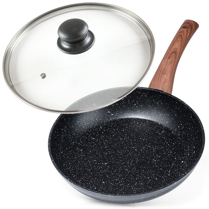 Aluminium Frying Pan with Glass Lid, Vilde Black&Wood, 24 cm, Granite Non-Stick Coating, Black, Heat Resistant up to 200°C, Suitable for All Hobs, Dishwasher Safe