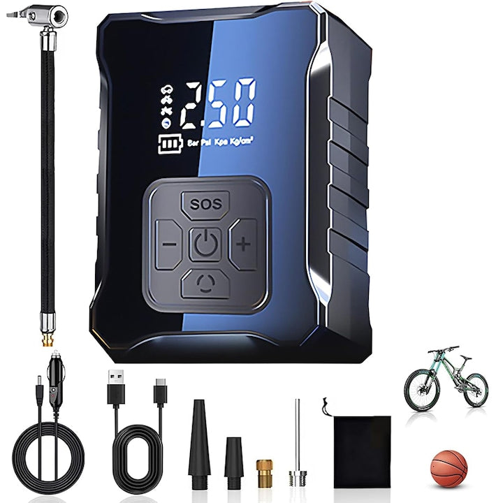 Compresor auto digital cu acumulator Rqiurpn Afisaj LED 150PSI 4 moduri USB Type-C cu manometru digital pentru masini motociclete biciclete mingi