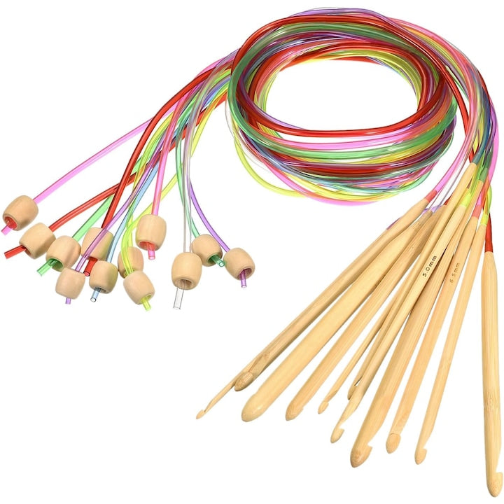 Set 12 crosete tunisiene cu cablu plastic Multicolor bambus 120 cm