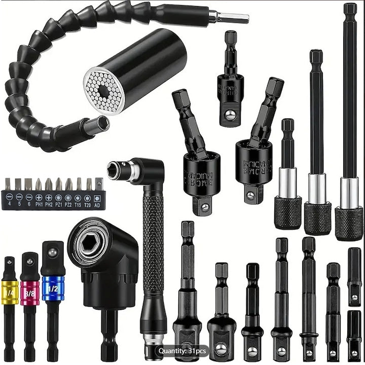 Set de 31 adaptoare pentru burghie adaptoare pentru surubelnite de 105 grade brat telescopic universal de 360 de grade (hexagonal → suport) multiple accesorii compatibile cu masini de gaurit fara fir surubelnite si surubelnite electrice. Negru