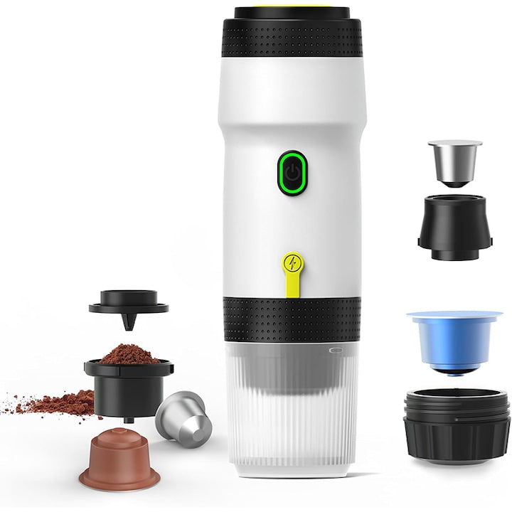 Espressor portabil Rqiurpn 3 in 1 Cafetiera de Voiaj cu Baterie 7500mAh Compatibil 12V Auto & USB-C incalzire rapida Camping Trusa Picnic Espresso Profesional alb