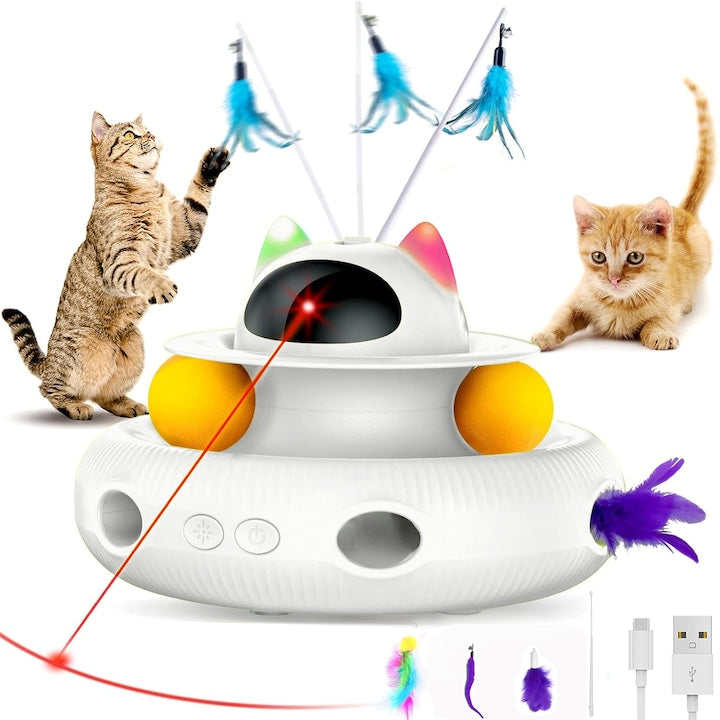 Interactive Cat Toy SANSES ABS 4-in-1 with Light, Laser, Balls, 360° Ribbon Wand, USB Cable, White, 19.9 x 13.2 cm