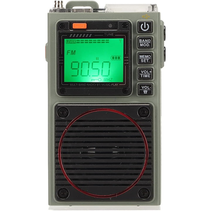 Radio portabil Duueyct AM/FM/VHF/SW/WB functie SOS control prin aplicatie mobila acumulator 1000mAh design retro dimensiuni 9.2x5.32x2.6cm negru/verde