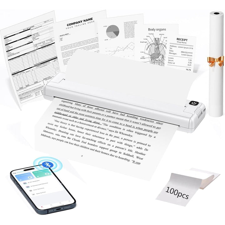 Imprimanta termica portabila A4 Bluetooth si USB compatibila iOS si Android 200 DPI acumulator 2000 mAh fara cerneala sau toner cu 100 coli hartie OUYLAF Alb