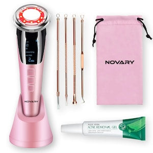 Aparat Pentru Tratament Facial Si Intinerirea Pielii 5 in 1 Mezoterapie Lifting Anti Rid Masaj Facial 4x Instrumente Indepartare Puncte Negre si Cosuri Gel Pentru Indepartarea Acneelor cu Aloe Vera Husa Transport si Cablu USB incluse Roz