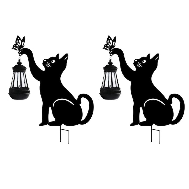 Lumina solara de gradina YANYXR BCS3159079 felinar metalic in forma de pisica cu panou solar si tepusa negru 59 cm