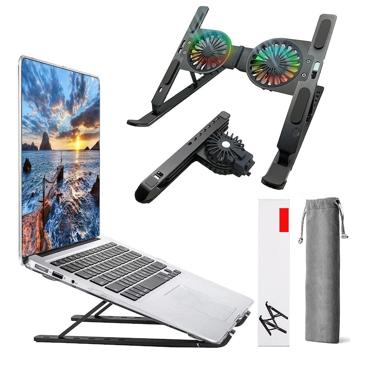 Suport Pentru Laptop JFYU Stand Reglabil pe Inaltime Portabil Pliabil Anti-Alunecare Ventilatoare Lumini Ambientale Aluminiu Compatibil cu Laptopuri de la 10 - 15.6 inch Gri