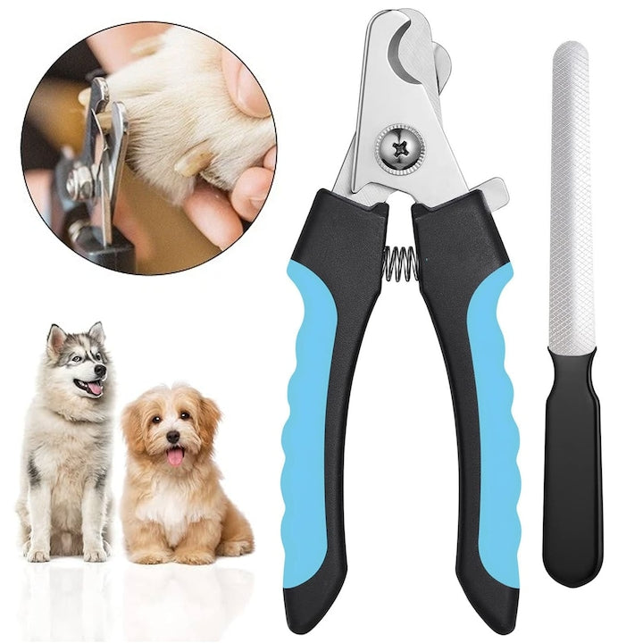 Set profesional de cleste taiat unghii si pila pisici Axroad Mall Cu protectie de siguranta si maner antiderapant Usor de depozitat Pentru pisici caini mici medii si mari Inox/cauciuc Albastru/negru