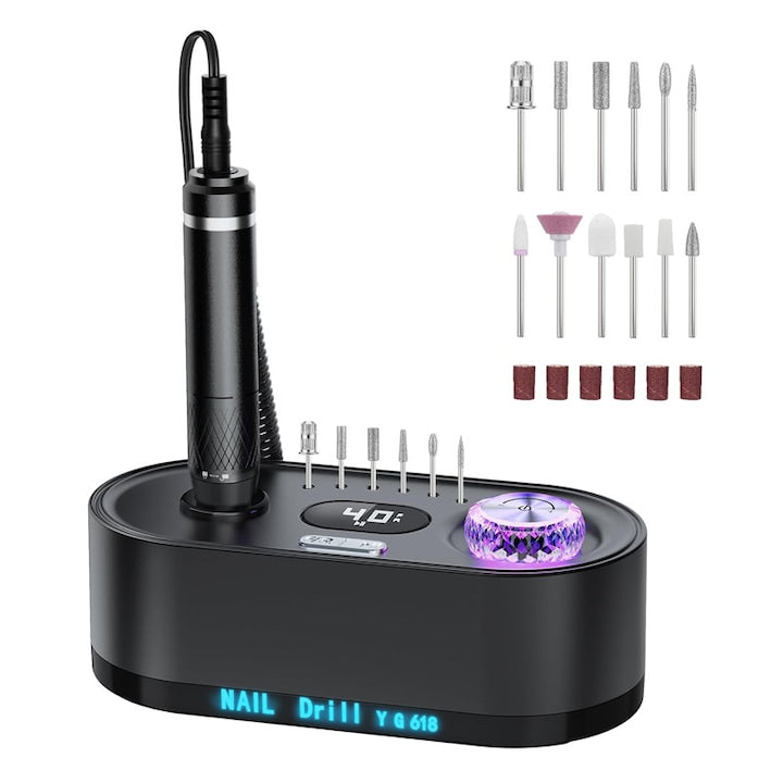 Freza Unghii Electrica Rqiurpn cu Suport Pila Electrica Reincarcabila 40000 RPM Rotatie Dubla 12 Capete Detasabile Ecran LCD Compact Set Complet de Ingrijire pentru Manichiura si Pedichiura Profesionala Cuticule sau Calcaie Negru