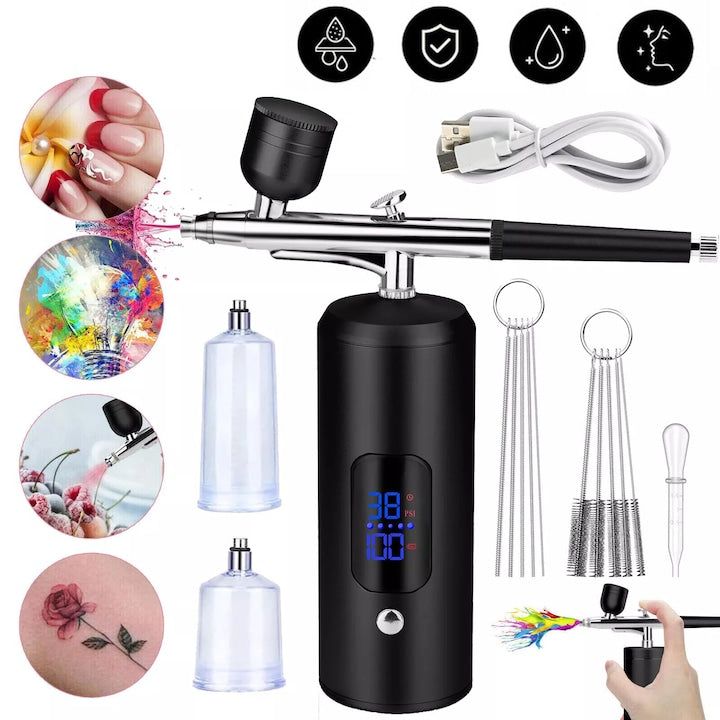 Cordless Airbrush Kit with Air Compressor, Clog-Free, with Cleaning Brush Set, Portable Cordless Rechargeable Airbrush for Makeup, Cake Decorating, Nail Art, Tattoos and Face Painting