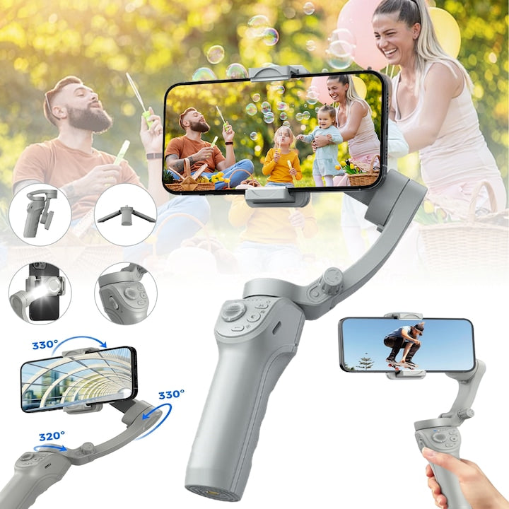 Stabilizator pentru telefon 3 axe 3600 mAh Portabil si Pliabil cu telecomanda detasabila Urmarire automata AI Tracking aplicatie compatibila iOS si Android trepied inclus Gri
