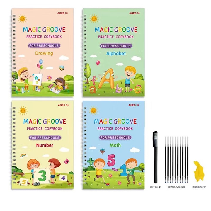 Set de 4 caiete de lucru si stilou magic FomoX auxiliare scolare multicolor 19x13cm trainer KidsCare 2021