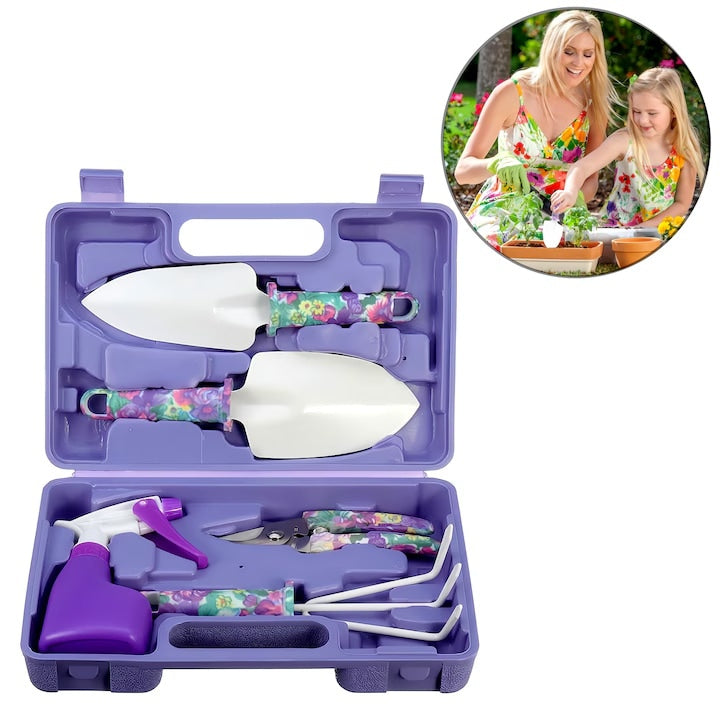 Set complet pentru gradinarit violet Wacorresi Set de 5 accesorii de gradinarit otel inoxidabil 20x30x7cm violet