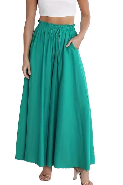 import - Fusta - pantalon croi larg lejer stil Palazzo material vaporos Verde 12 rate cu 0% dobândă