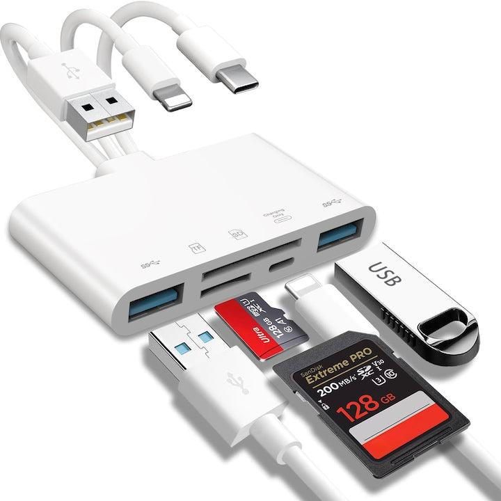 5-in-1 Memory Card Reader USB OTG Adapter and SD Card Reader for iPhone/iPad USB C and USB A devices with Micro SD and SD card slots, supports SD/Micro SD/SDHC/SDXC/MMC
