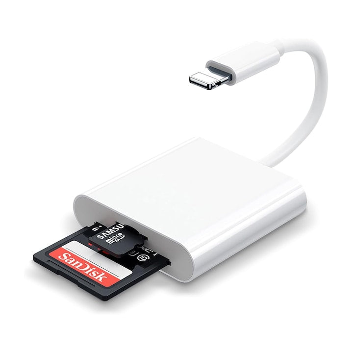 Cititor de carduri 2in1 Suporta carduri de pana la 1TB Transmisie maxima 1000Mbps Micro SD/TF compatibil cu Lightining pentru iPhone 5 / 6 / 7 / 8 / X / XS / XR / SE / 11 / 12 / 13 / 14 / Mini / Plus / Pro / Max OUYLAF Alb
