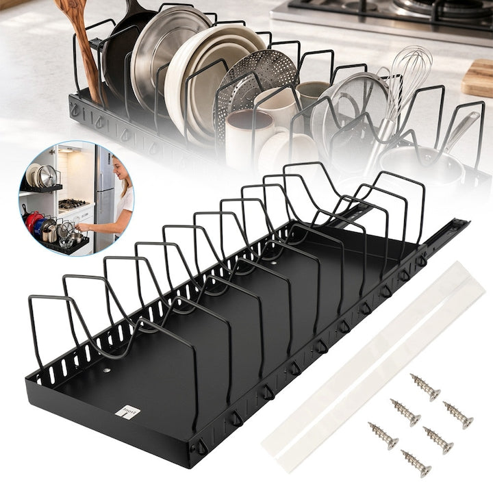Pot and Pan Organizer for Cabinet, 52 cm Pan Lid Holder with 10 Adjustable Dividers, Bakeware and Plate Racks for Inside Cabinet/Countertop, Black