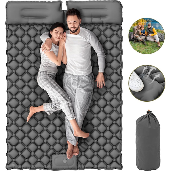 Saltea de camping gonflabilă cu pernă 195x120cm gri pentru 2 persoane
