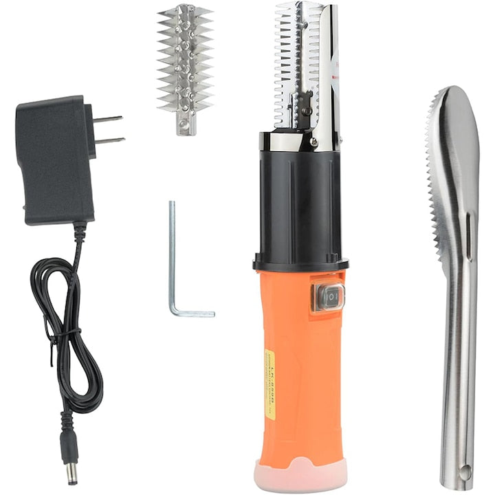 Rqiurpn Electric Fish Scaler with 12V Rechargeable Battery, 304 Stainless Steel Blades, 150kg/h, IPX7 Waterproof, 6000 Rotations per Minute, 56W, Orange/Black