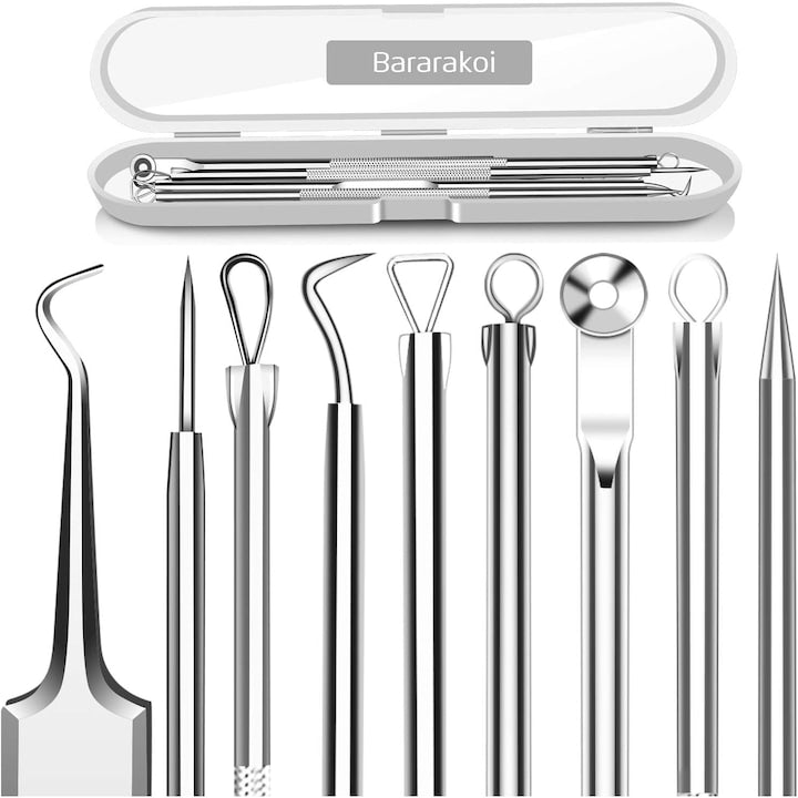 Set 5 Pensete pentru Extractie Puncte Negre Cosuri Acnee Comedoane Inox Argintiu