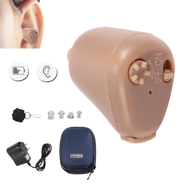 Aparat auditiv reincarcabil in ureche amplificare sunet 30 dB culoare bej dimensiuni 1.8x1.4x2cm
