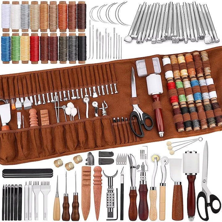 Set de scule din piele WALALLA cu geanta de depozitare inclusiv perforator pentru piele ejector stergator de cusut pentru incepatori si profesionisti pentru gravare stantare cusut embosare maro