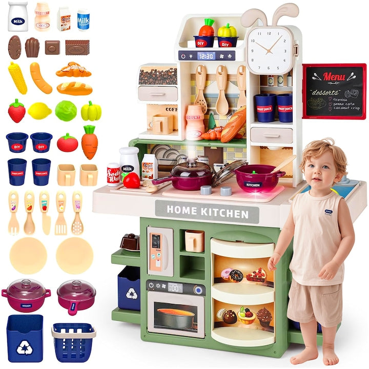 Bucatarie copii aragaz de jucarie bucatarii jucarie Bucatarie pentru copii chiuveta cu circuit de apa frigider aragaz fructe legume multiple accesorii 37 de piese in total Simulare Gatit 40.5x32x16cm verde