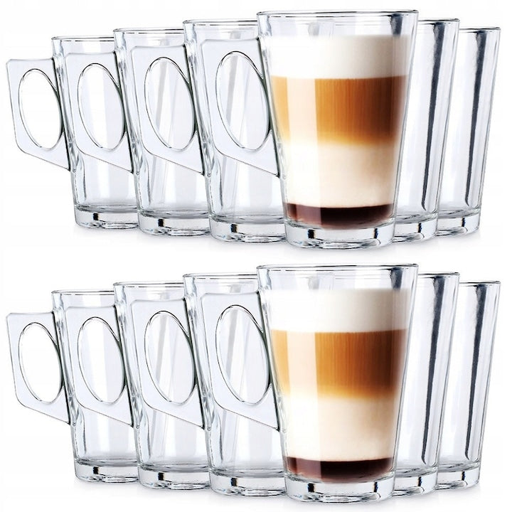 Set De Pahare Cu Maner Vilde 255 ml Sticla Transparenta 12 Bucati Pentru Bauturi Calde Si Reci Compatibile Cu Masina De Spalat Vase Si Cuptorul Cu Microunde