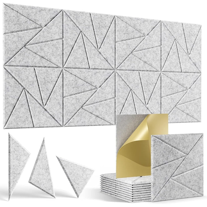 Set of 12 WALALLA Self-Adhesive Acoustic Panels, 30x30x0.9cm, Grey Triangular, for Soundproofing and Interior Decoration