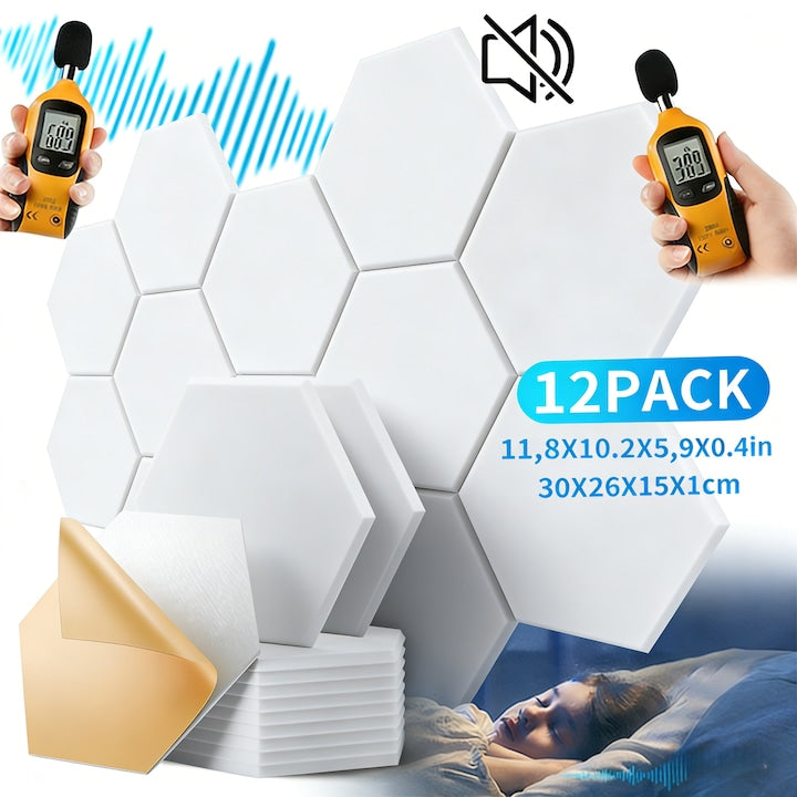 Set 12 Panouri Acustice Autoadezive Design Autoadeziv Reduce Zgomotul de Fond Suprafata Este Neteda Sigura si Durabila Hexagonal Rezistente la Flacara Pentru Studiouri de Inregistrari Home Theaters Sali de Conferinte Poliester 30x25x1cm Alba