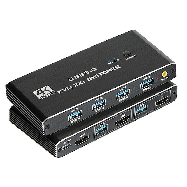 Switch KVM HDMI Duueyct USB3.0 4K@60Hz 4 porturi 2 computere partajeaza un monitor Tastatura si mouse disc USB imprimanta camera USB HDMI 2.0 Plug and play Negru