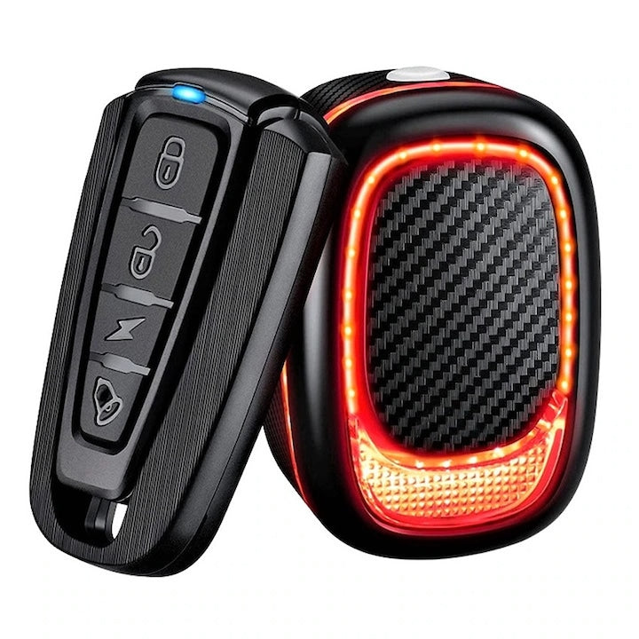 Stop Bicicleta Intelligent cu Alarma Wireless Antifurt Claxon Acumulator 800mAh IPX65 Rezistent la Apa si Praf 4 Moduri de Lumina Auto On/Off Senzor Franare COB LED Incarcare USB Black/Fire