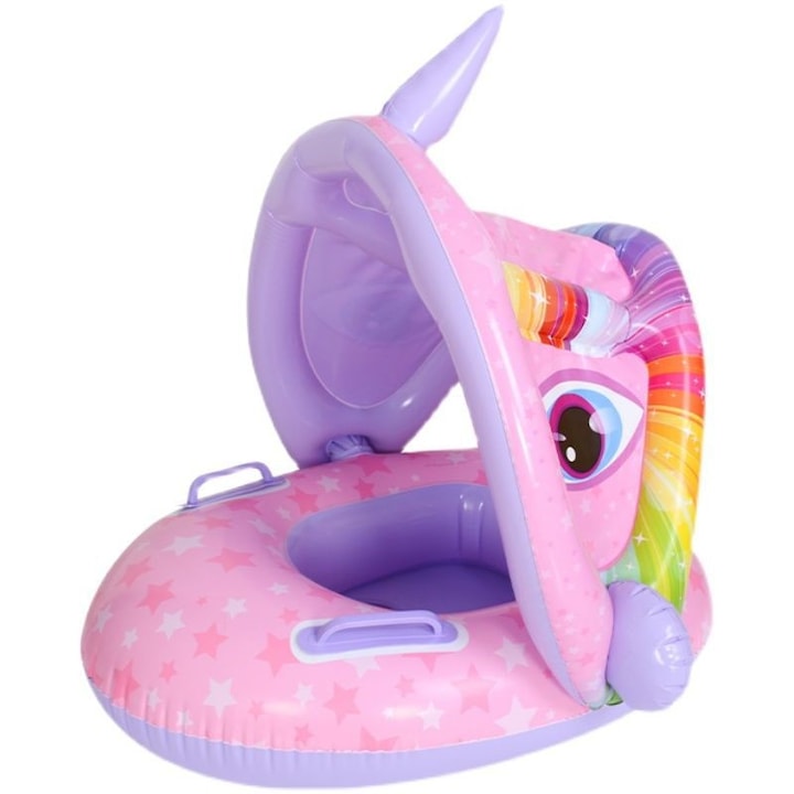 de Inot Bebelusi cu Parasolar Detasabil Scaun Sigur cu Manere Unicorn Gonflabil Roz 3-36 luni