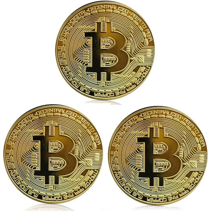 Set 3 monede Bitcoin placate cu aur PsAyl 40mm decorativ cu carcasa acrilica de protectie