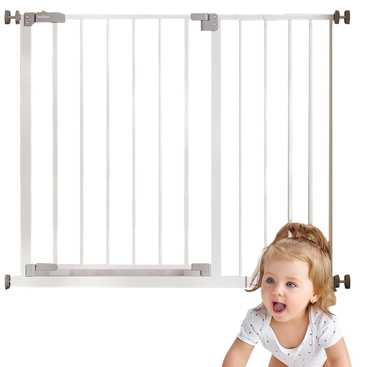 Poarta de Siguranta Wacorresi protectie pentru Copii dimensiuni ajustabile 111-118cm,Inaltime 76cm cu extensie 35cm deschidere usa in doua sensuri super portanta Inchidere automata instalare fara gauri pentru scari sau usi alb