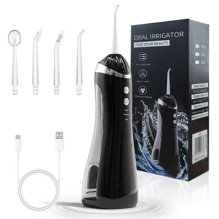 Irigator oral electric ata dentara pentru spatiile dintre dinti dispozitiv de albire a dintilor trei viteze reglabile duza rotativa la 360° negru
