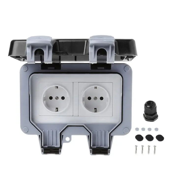 Priza electrica exterior Rqiurpn IP66 2 prize Impermeabila Gri/Negru