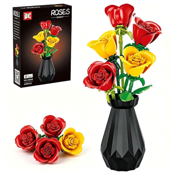 Set de Constructie Buchet de Trandafiri cu Vaza Blocuri Creative 249 Piese 3 Rosii + 2 Galbene 21.6x35.9 cm Cadou Elegant